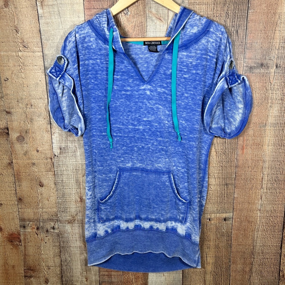 Miss Chievous Blue Burnout Cotton Short Sleeve Hoodie Kangaroo Pocket Medium